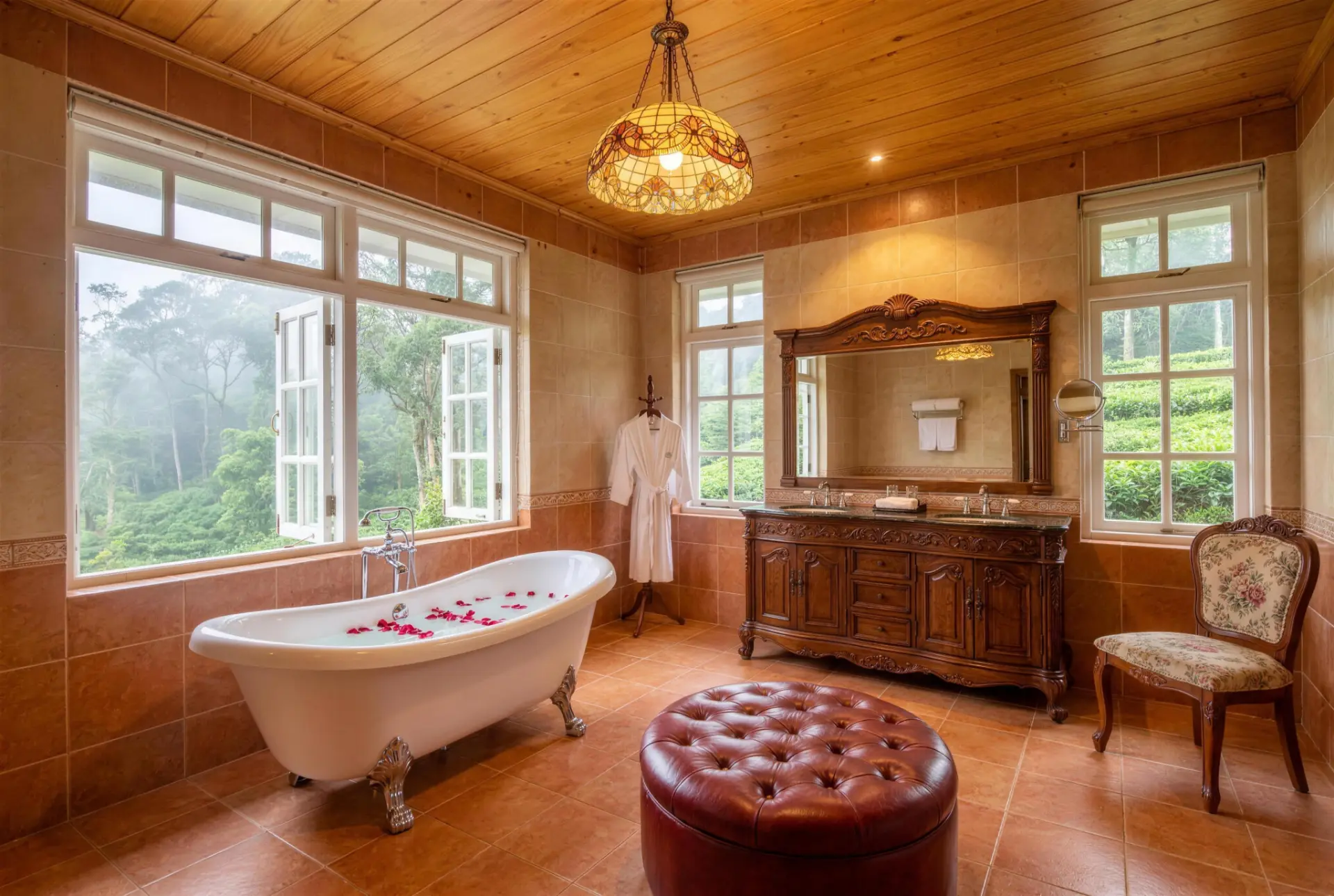 Heritage bathroom with clawfoot tub and forest view