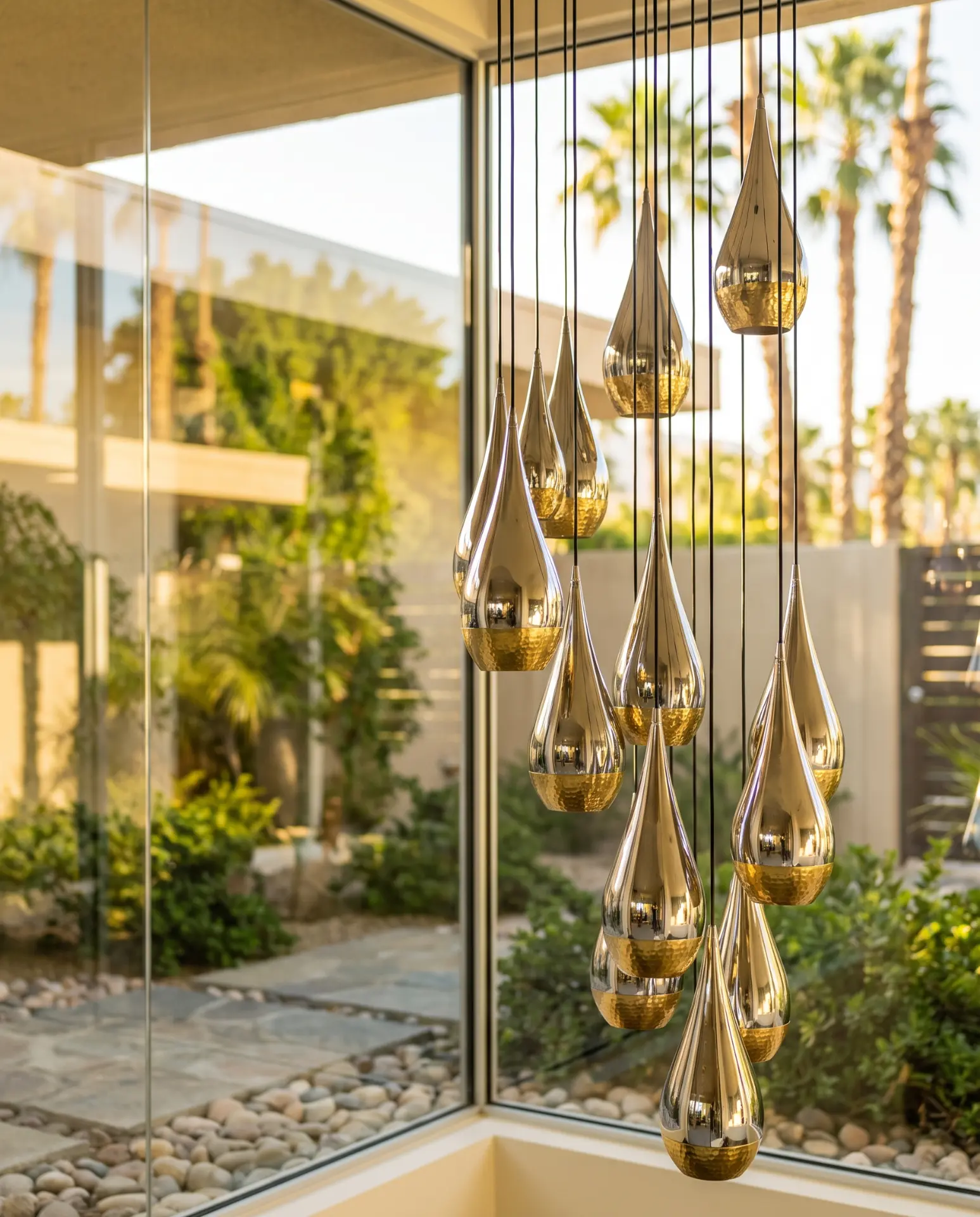 Brass teardrop pendants against a glazed corner