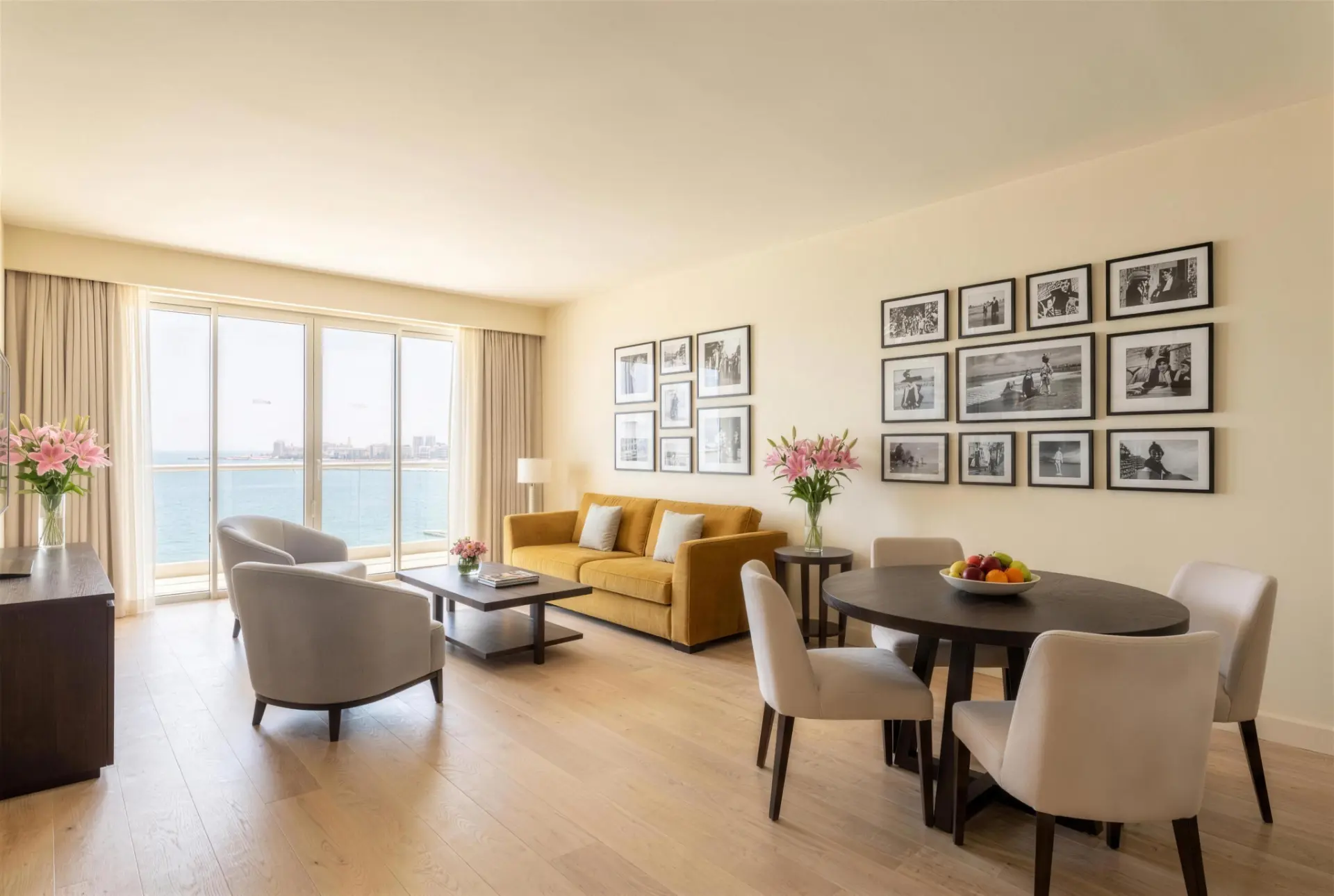 Sunlit sea-facing living and dining room