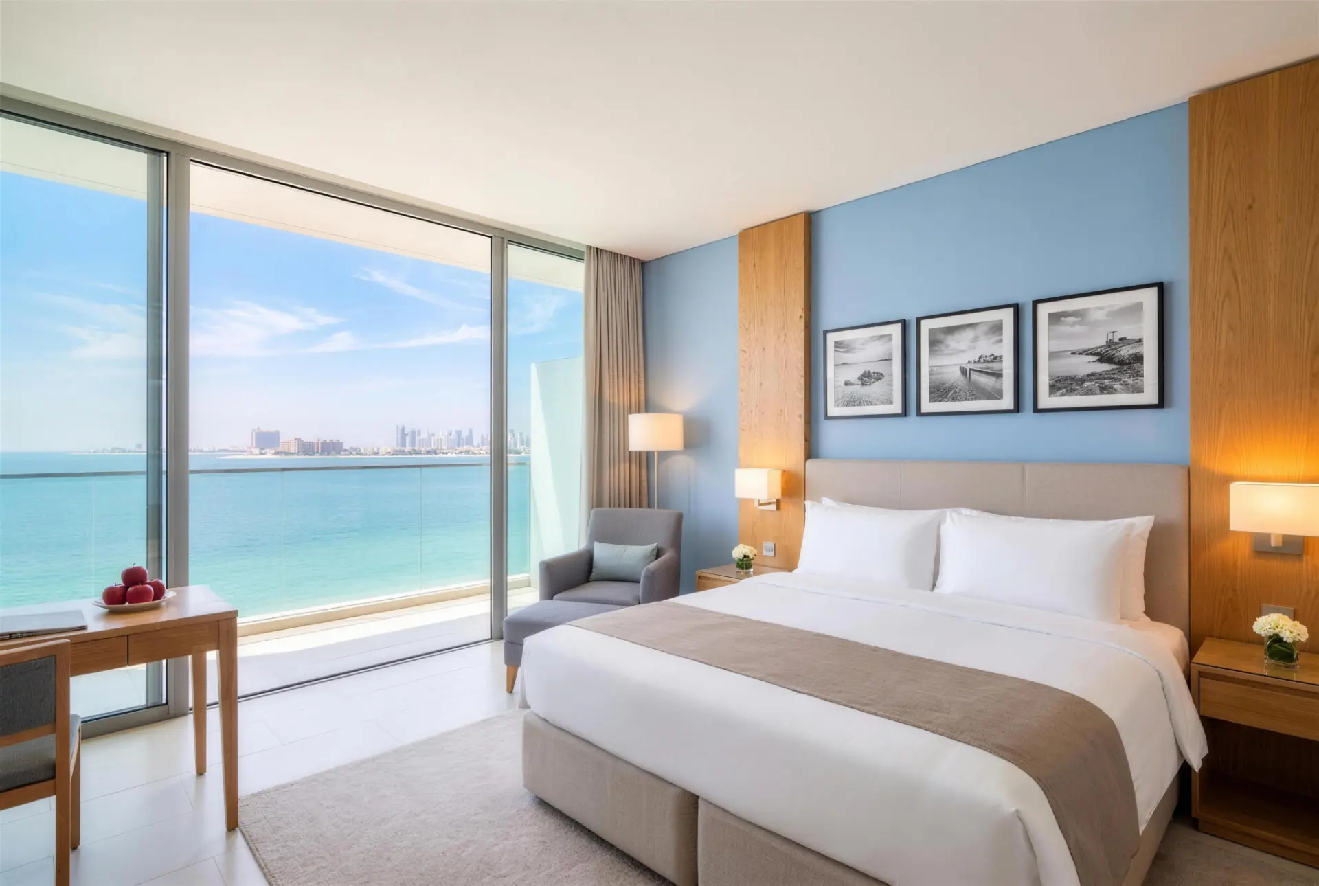Beachfront bedroom facing turquoise water