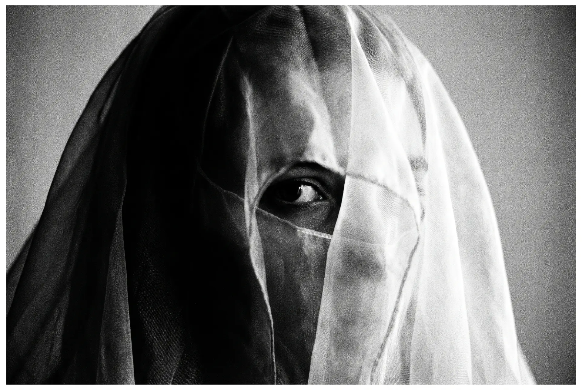 Portrait of a veiled figure, one eye visible