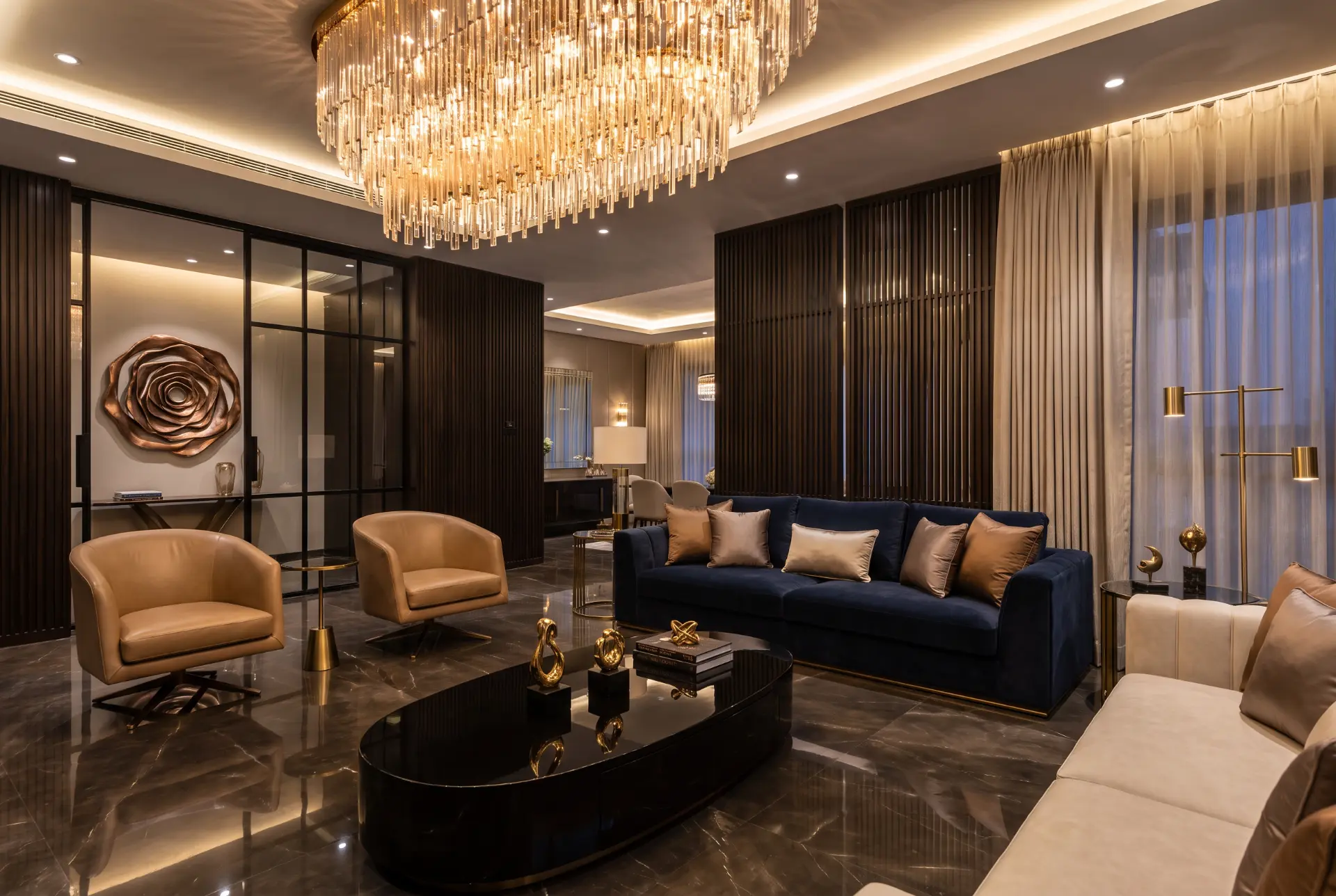 Evening lounge beneath a crystal chandelier