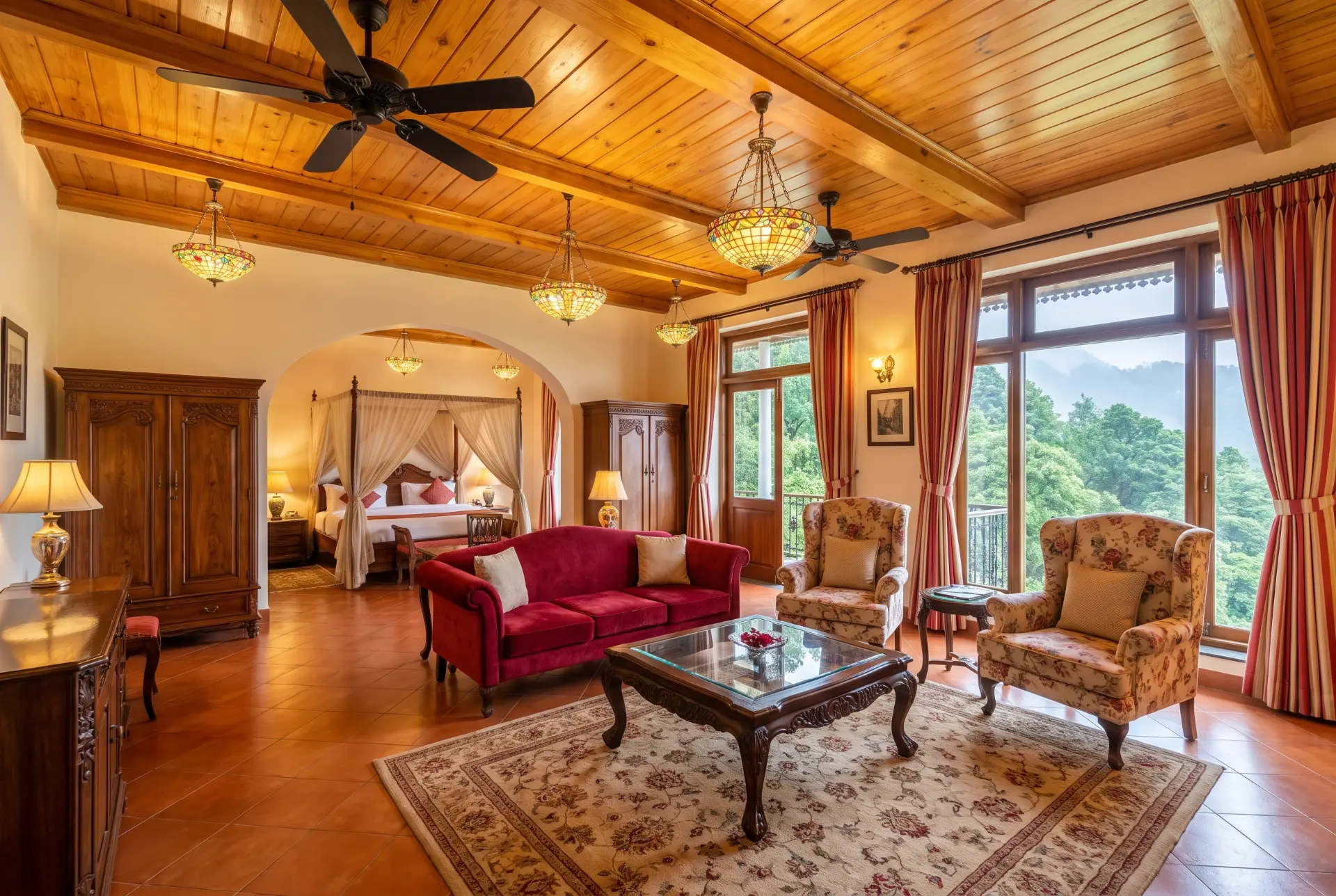 Hill-station suite with timber ceiling and valley view