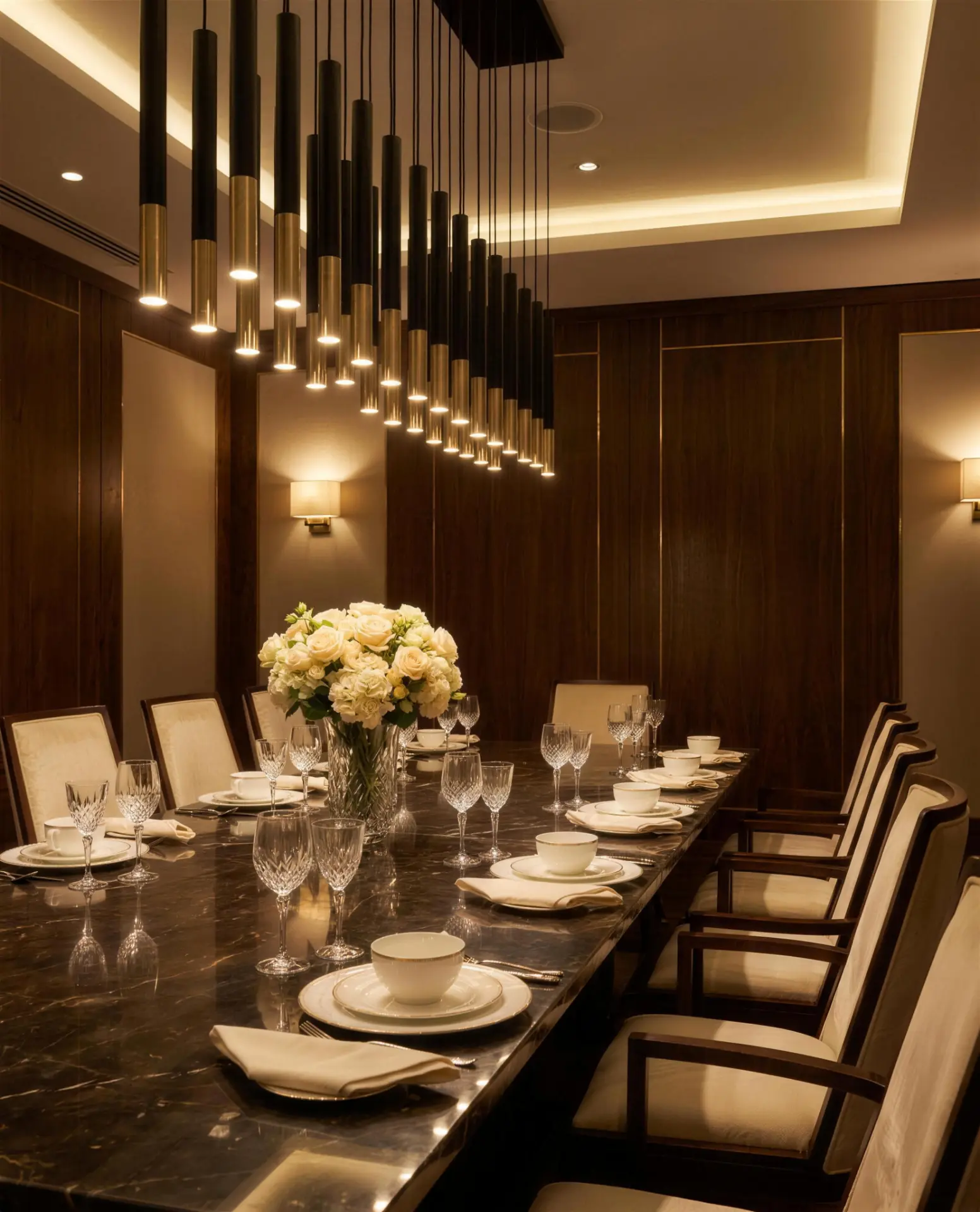 Private dining room under a cascade of pendant lights