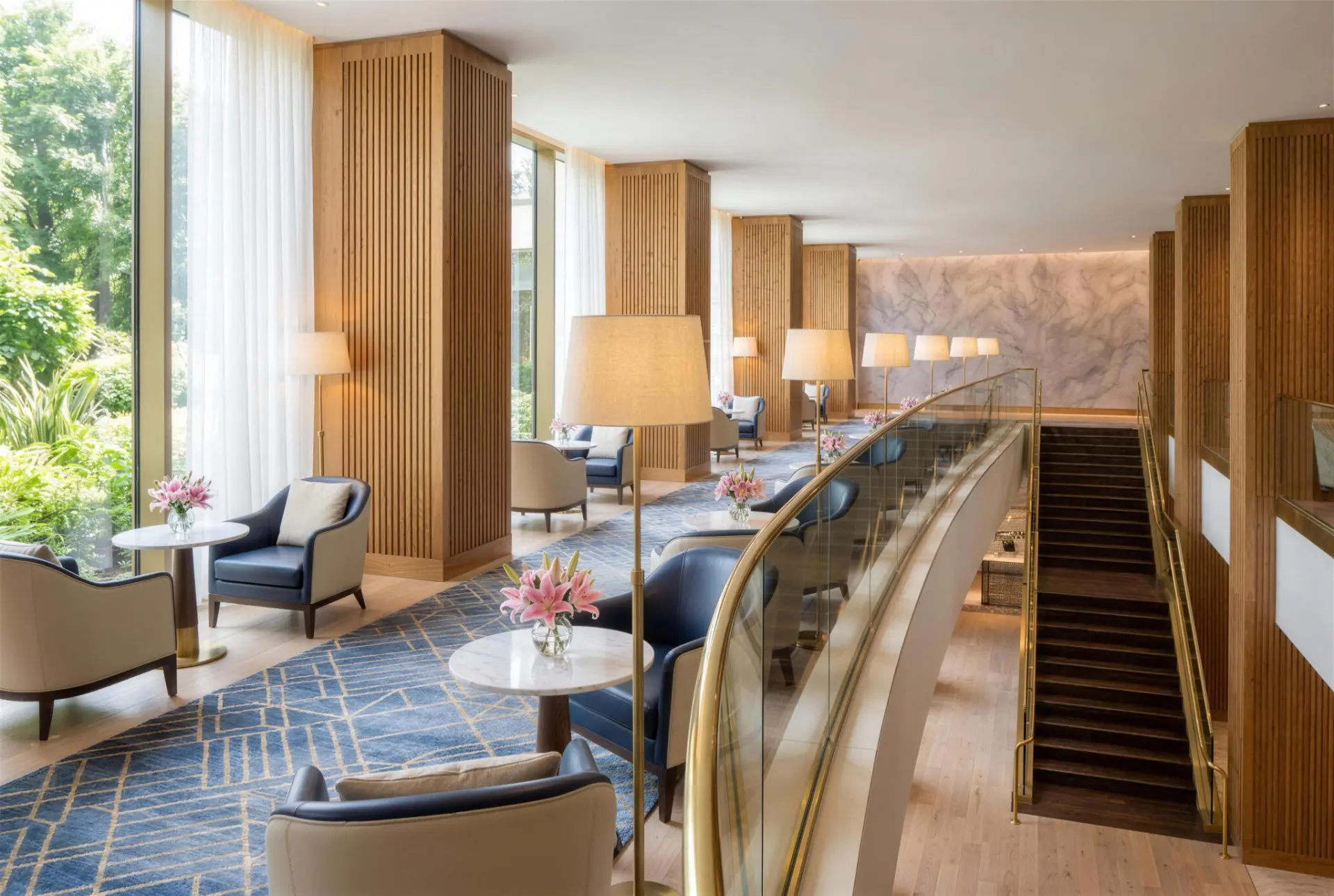 Hotel lounge with timber screens and garden light