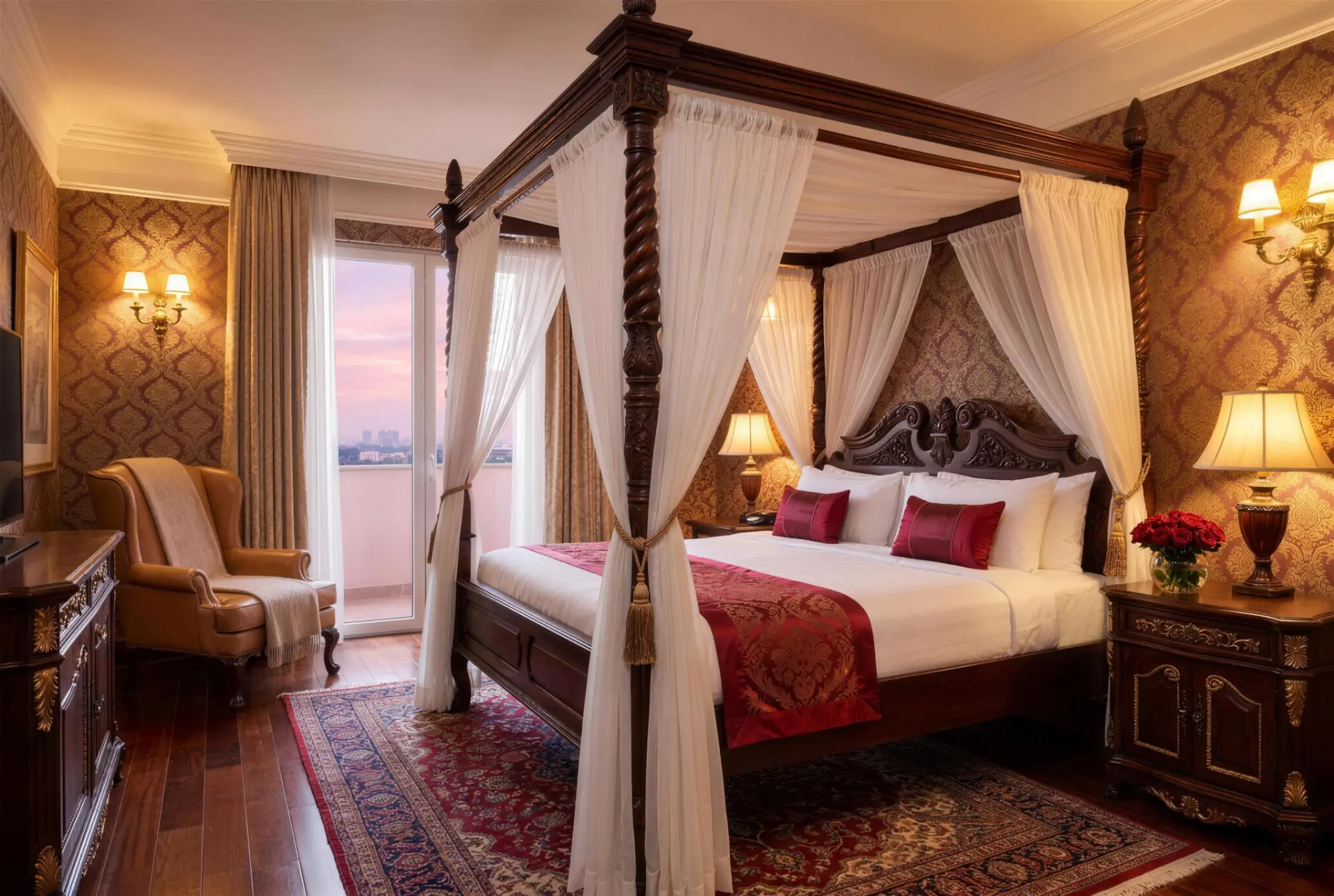 Four-poster bedroom at dusk