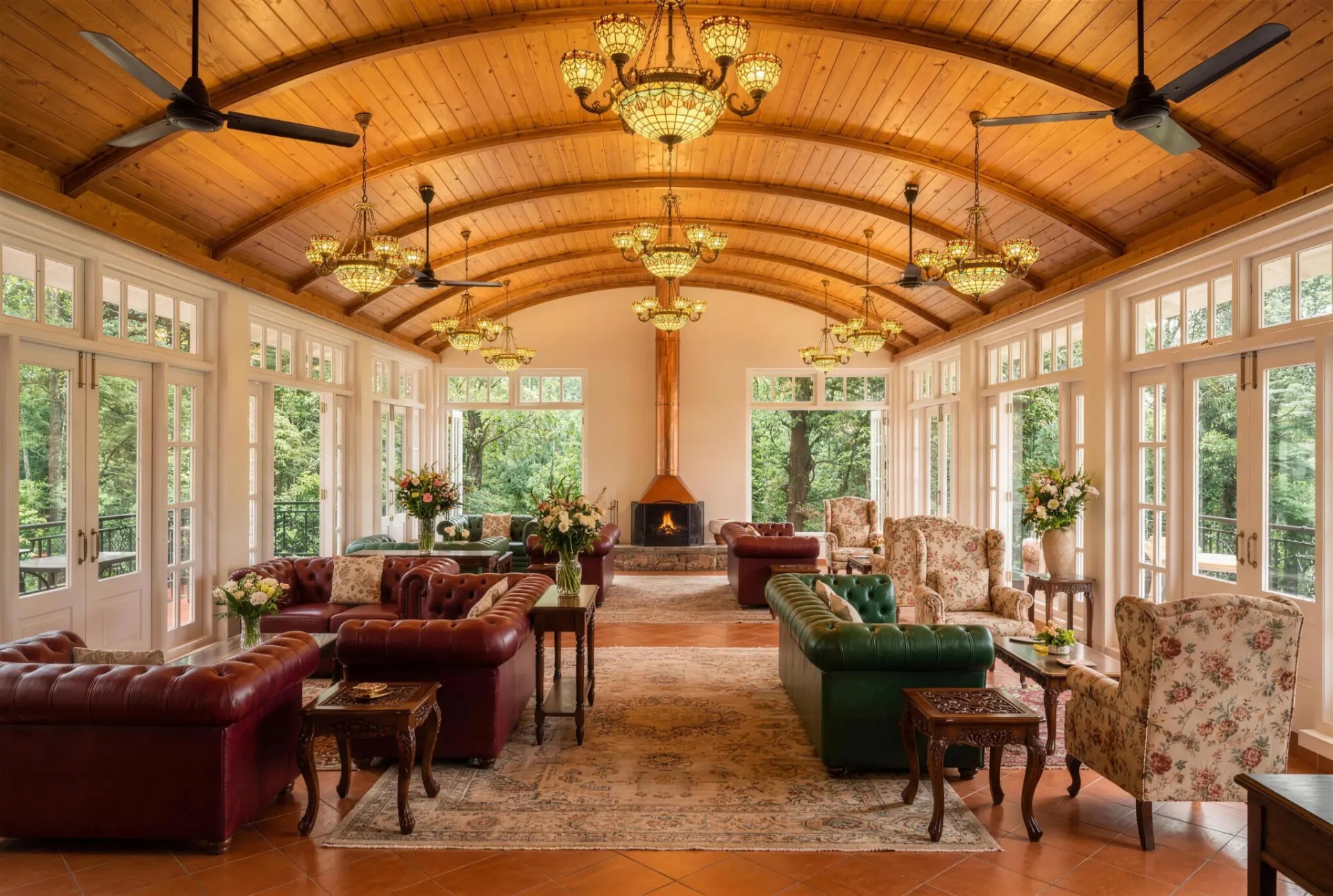 Barrel-vaulted conservatory with fireplace